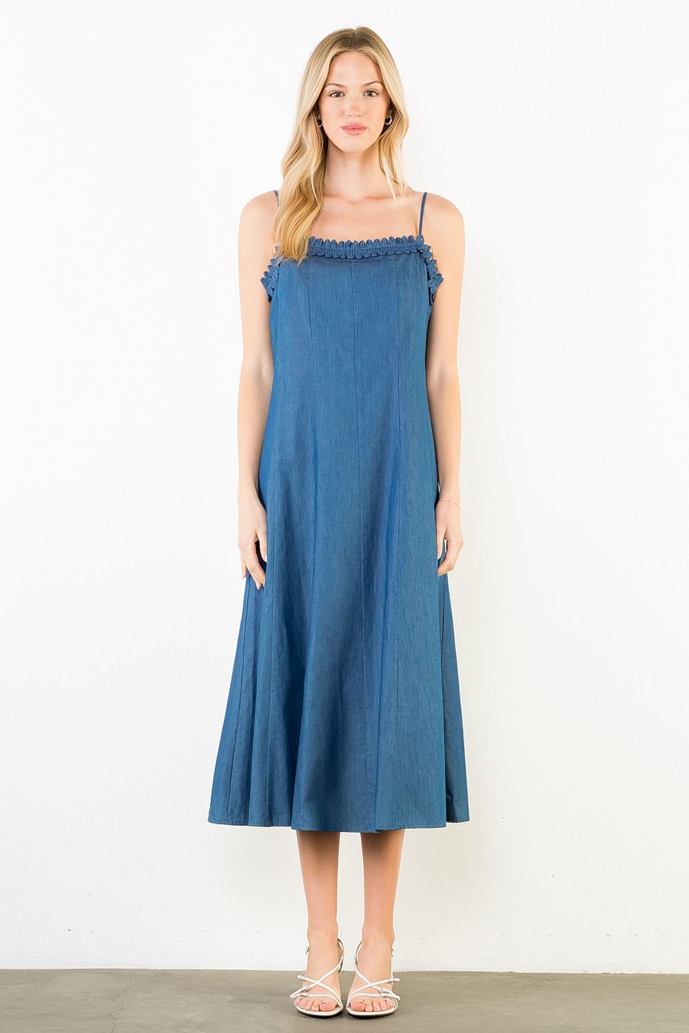 THIN STRAP DENIM MIDI DRESS - DENIM BLUE