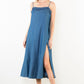 THIN STRAP DENIM MIDI DRESS - DENIM BLUE
