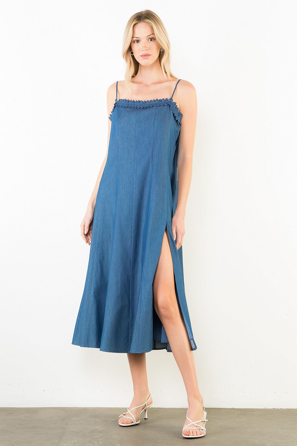 THIN STRAP DENIM MIDI DRESS - DENIM BLUE