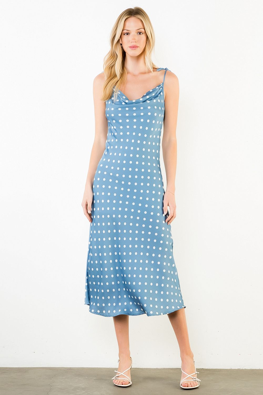 TIE STRAPS POLKA DOT MIDI DRESS - BLUE