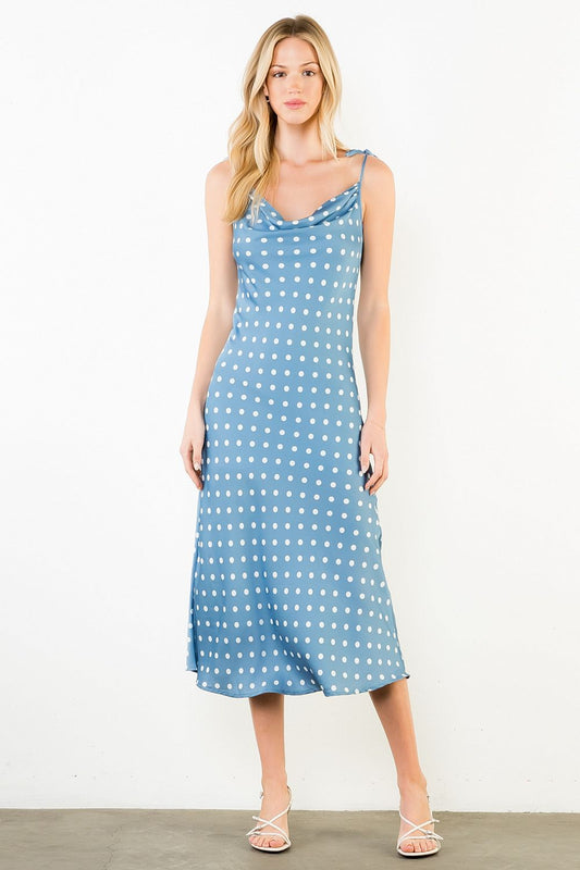 TIE STRAPS POLKA DOT MIDI DRESS - BLUE
