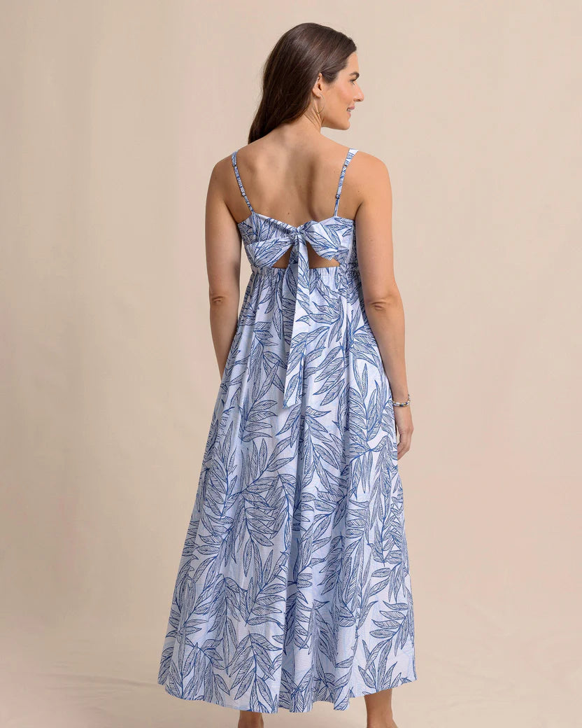 LEIGHTON BLUE PALMS SEERSUCKER TIE BACK MAXU DRESS - BLUE LOLITE