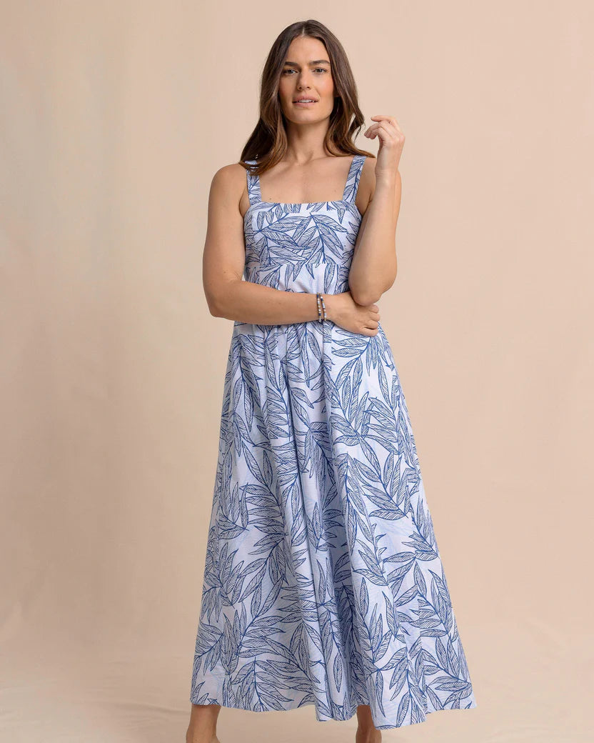 LEIGHTON BLUE PALMS SEERSUCKER TIE BACK MAXU DRESS - BLUE LOLITE