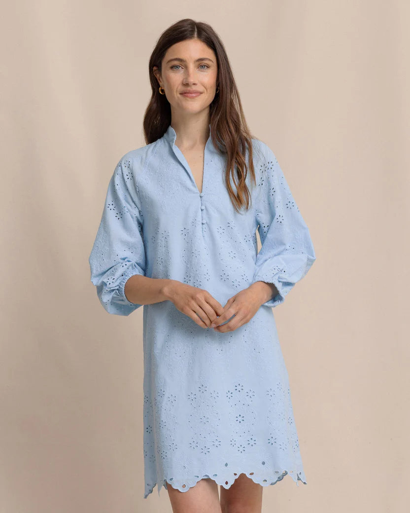 MANDY EMBROIDERED BUBBLE SLEEVE DRESS - CERULEAN