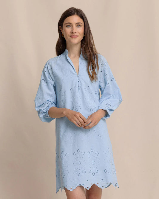 MANDY EMBROIDERED BUBBLE SLEEVE DRESS - CERULEAN