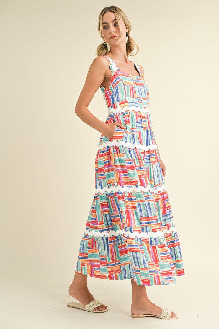 STRIPED TIERED RIC RAC MIDI DRESS
