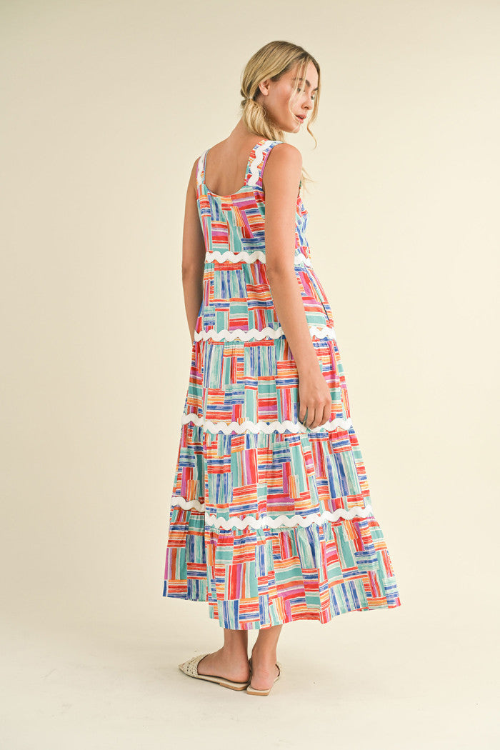 STRIPED TIERED RIC RAC MIDI DRESS