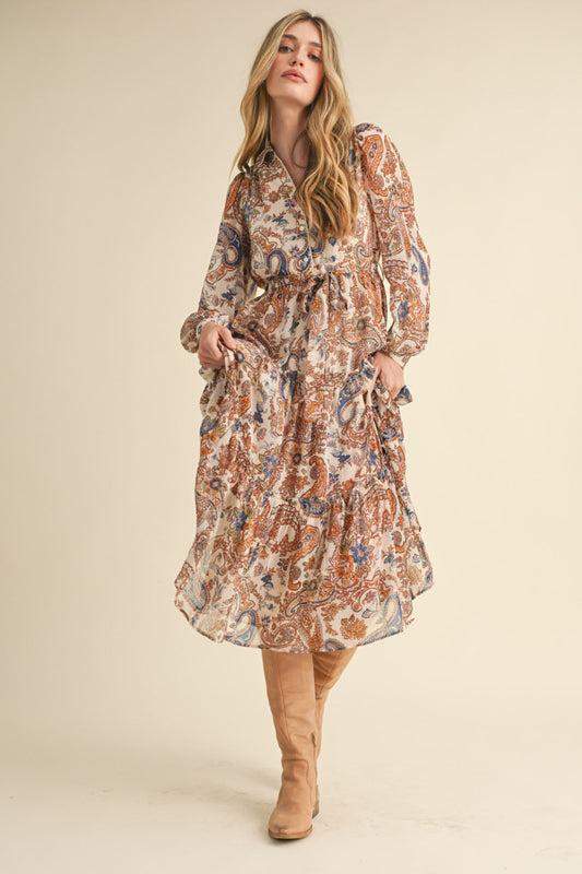 PAISLEY BUTTON DOWN MIDI DRESS - CREAM