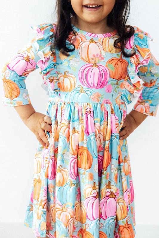 PREPPY PUMPKINS 3/4 SLEEVE RUFFLE TWIRL DRESS