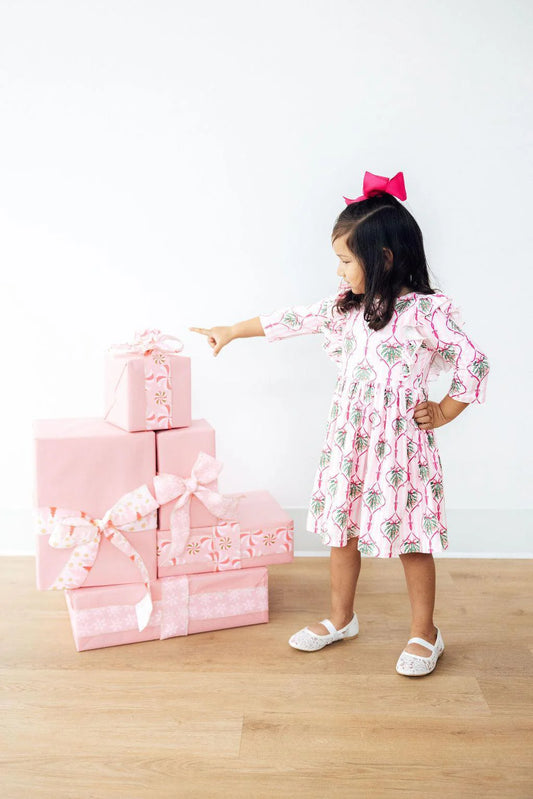MERRY MISTLETOE 3/4 SLEEVE RUFFLE TWIRL DRESS