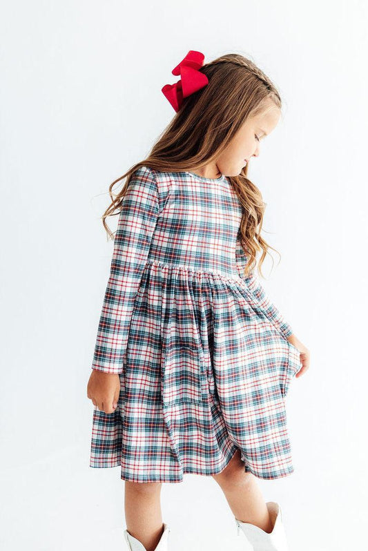 CHRISTMAS PLAID LS POCKET TWIRL DRESS