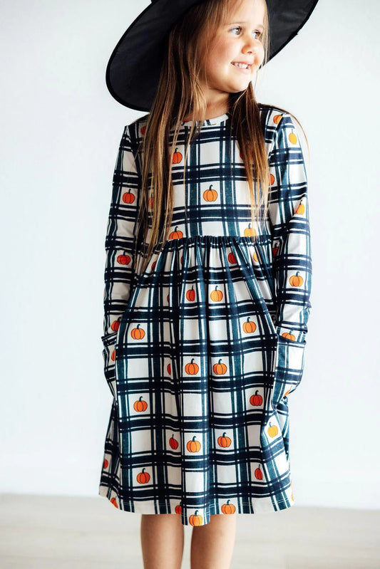PLAID PUMPKINS L/S POCKET TWIRL DRESS