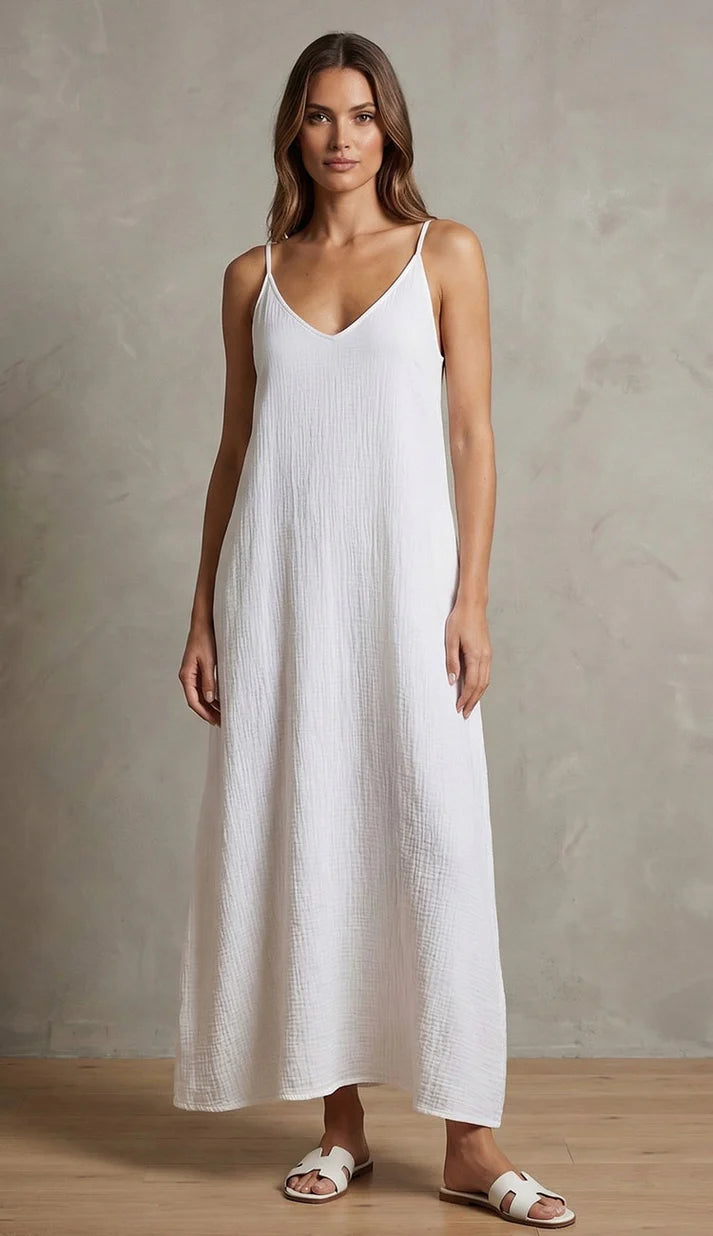 SPAGHETTI ADJUSTABLE STRAP MAXI DRESS -  WHITE