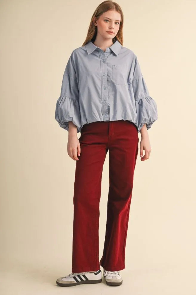 BUTTON DOWN BUBBLE HEM TOP - CONFLOWER BLUE