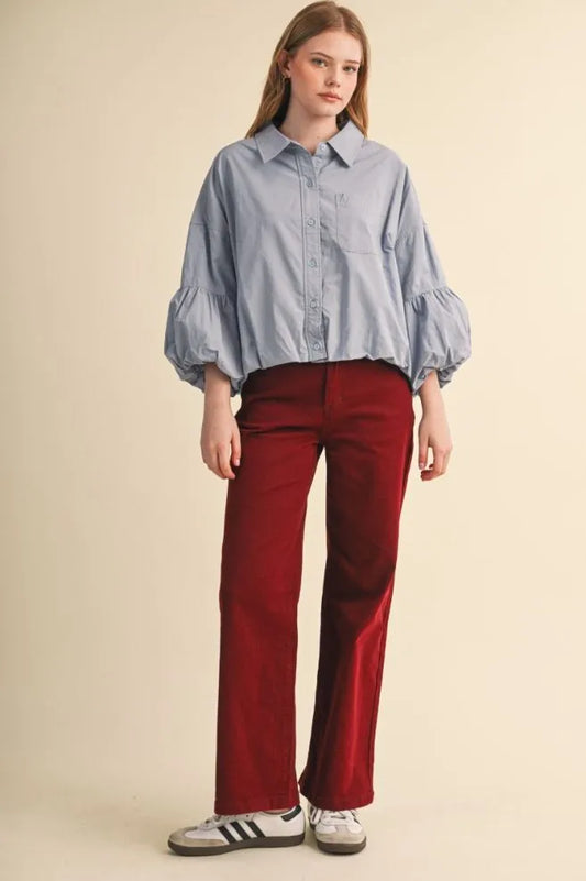 BUTTON DOWN BUBBLE HEM TOP - CONFLOWER BLUE