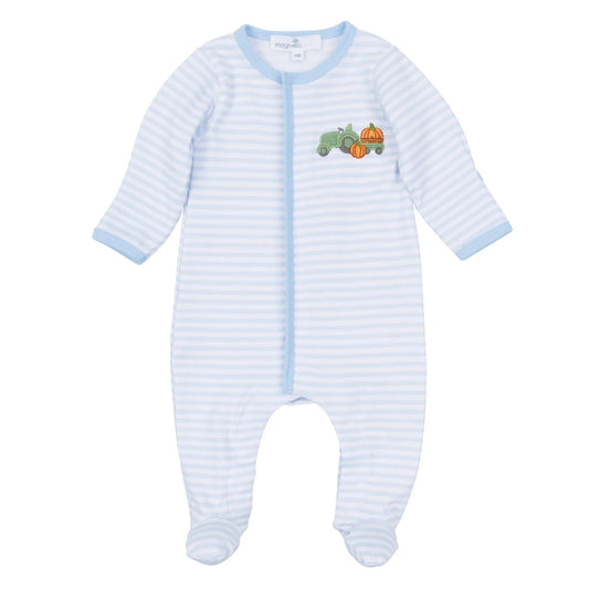 PUMPKIN TRACTOR APPLIQUE FOOTIE - LIGHT BLUE