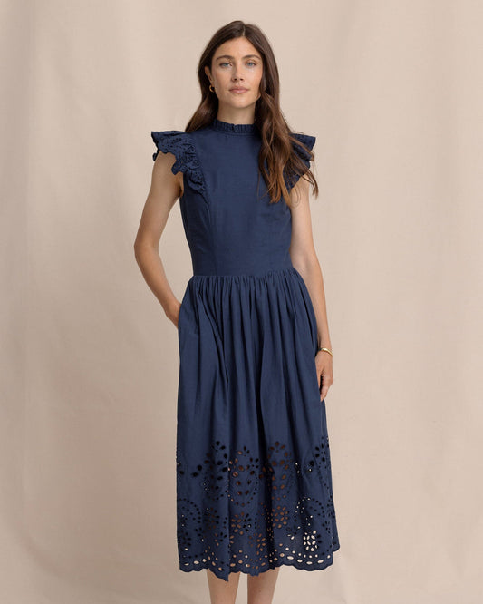 REBEKAH EYELET MIDI DRESS DRESS BLUE