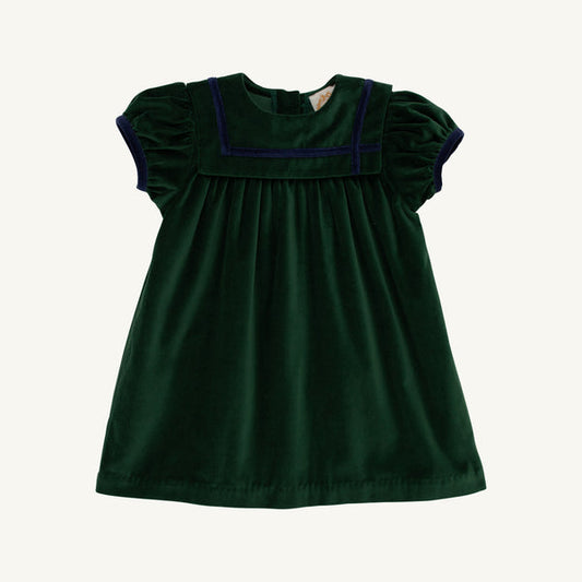 SHORT SLEEVE PATSY PARTY DRESS - VELVETEEN/GRIER GREEN/NANTUCKET NAVY