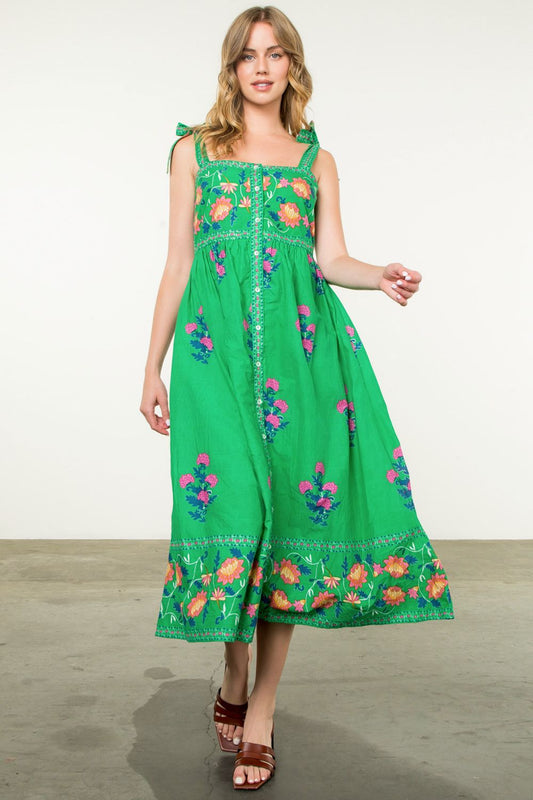 TIE STRAP FLOWER PRINT DRESS - GREEN