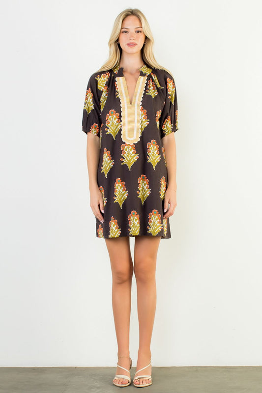 FLORAL PRINT V-NECK STRIPED DETAIL DRESS - CHOCOLATE