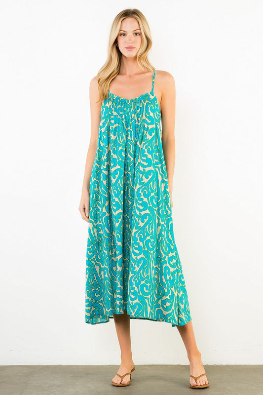 THIN STRAP PATTERN DETAIL DRESS - TEAL