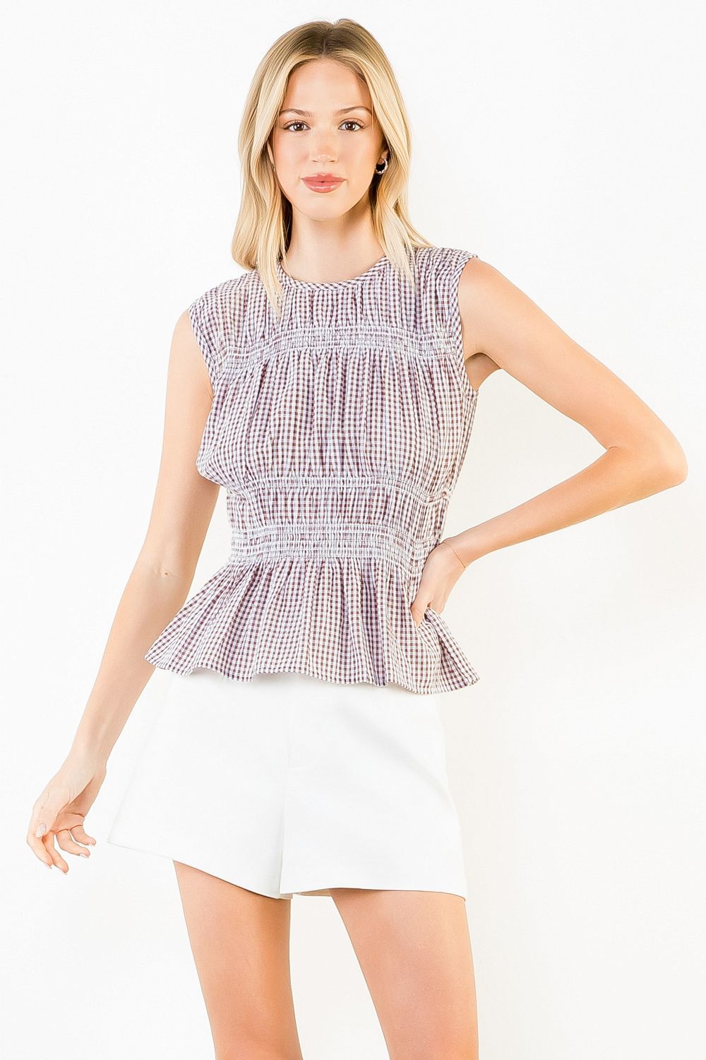 SLEEVELESS GINGHAM PATTERNED TOP - BROWN