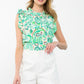 RUFFLE SLEEVE PRINT TOP - GREEN