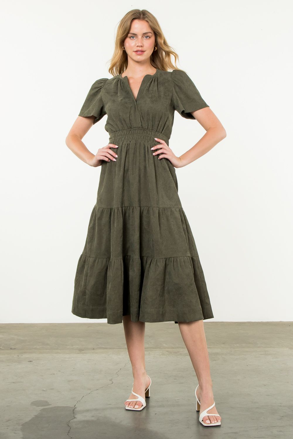 SMOCKED WAIST TIERED DRESS - SAGE