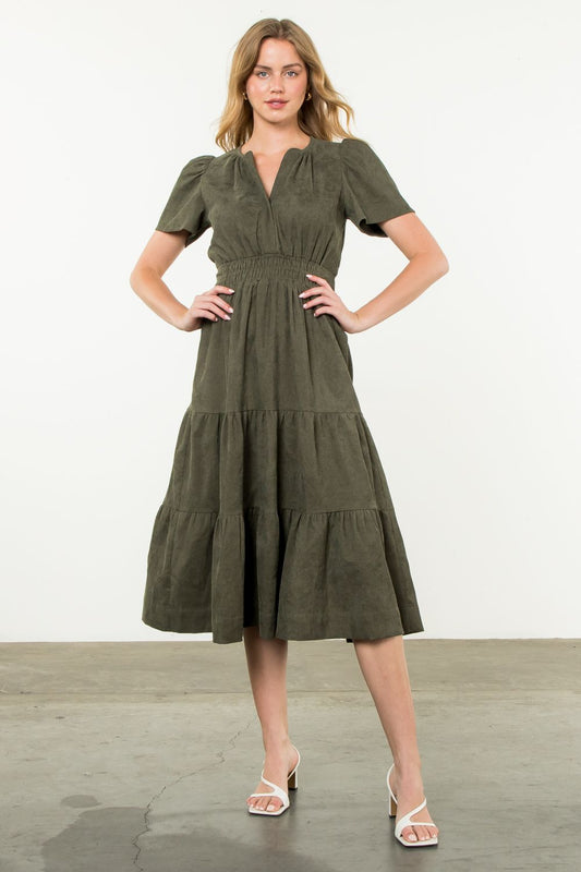 SMOCKED WAIST TIERED DRESS - SAGE