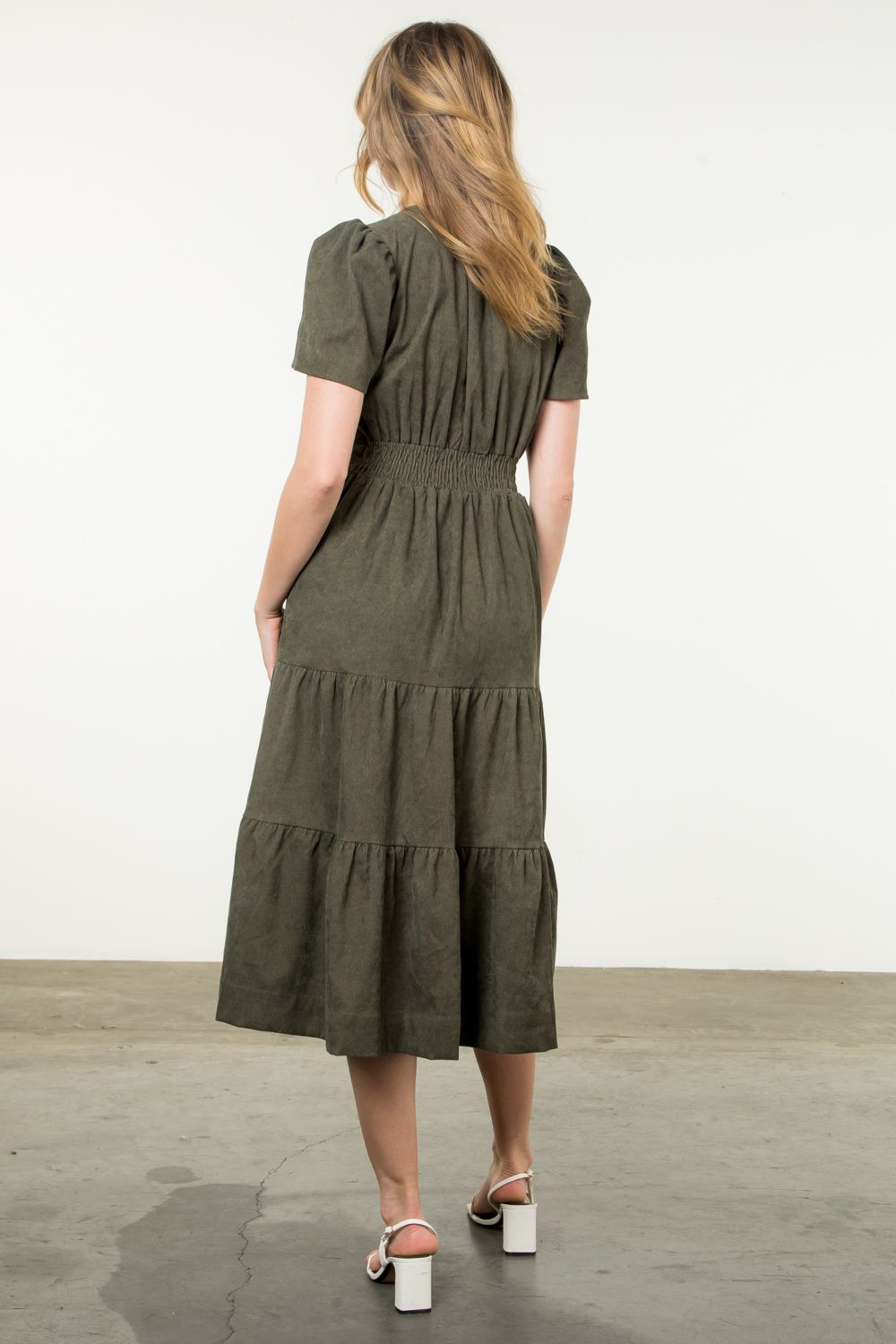 SMOCKED WAIST TIERED DRESS - SAGE