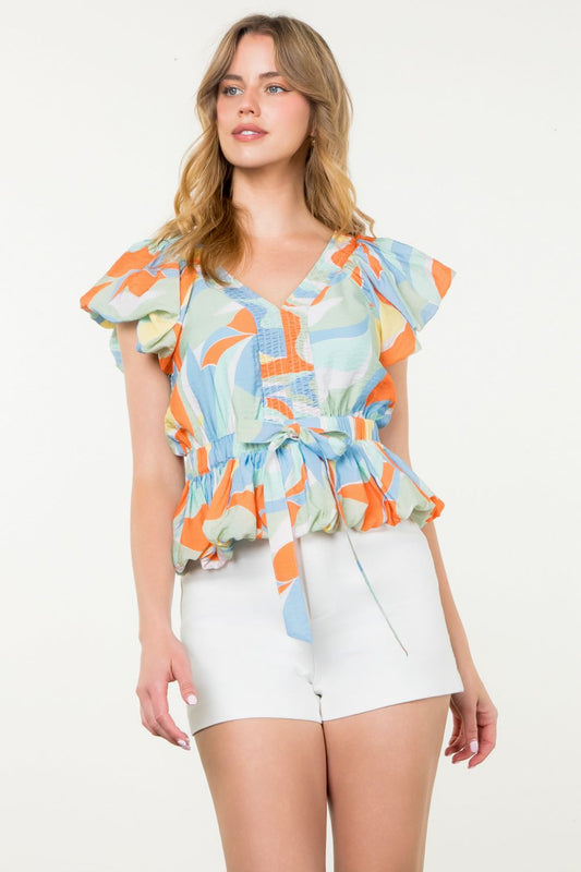 SHORT SLEEVE MULTI COLOR PRINT TOP - BLUE