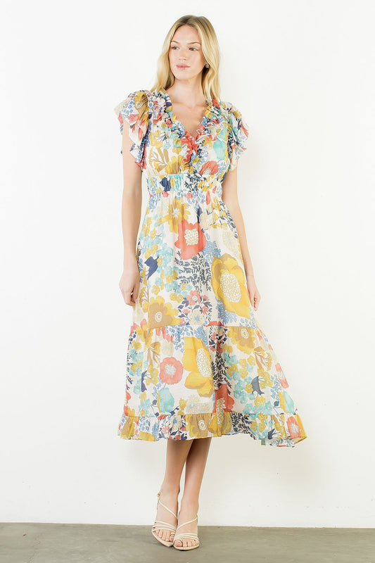 FLUTTER SLEEVE FLORAL PATTERN TIERED DRESS - CORAL