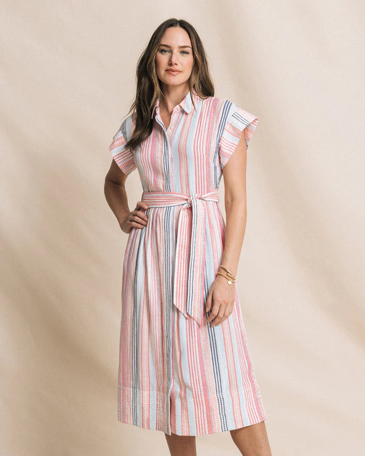 TINLEY STRIPED BELTED MIDI SHIRTDRESS - PEACHES N' CREAM