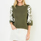 EMBROIDERED DETAIL SLEEVE KNIT TOP - OLIVE