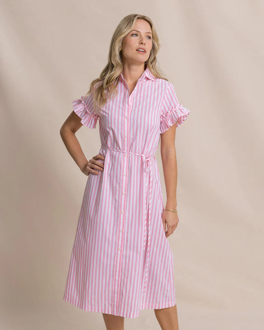 TYRA STRIPED RUFFLE SLEEVE MIDI DRESS - SEA PINK