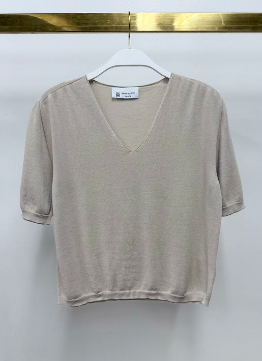 LIGHT KNIT RIBBED HEMS V-NECK SS TOP - BEIGE