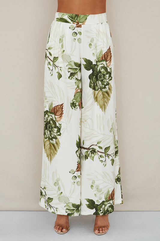 CHATEAU GARDEN FLORAL PRINT ELASTIC WAISTBAND PANTS WITH POCKETS - GREEN