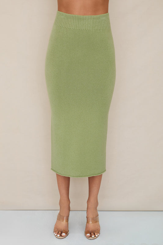 ITALIAN RIBBED WAIST KNIT MIDI SKIRT - MATCHA GREEN