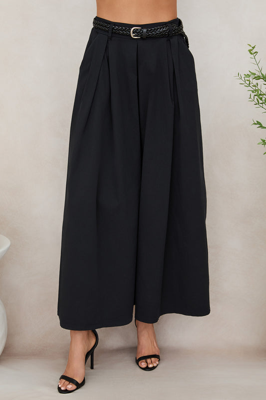 WIDE LEG PLAZZO PANT WITH TWIST BELT - BLACK