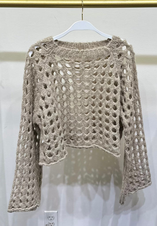 CROPPED OPEN KNIT FUZZY SWEATER - BEIGE