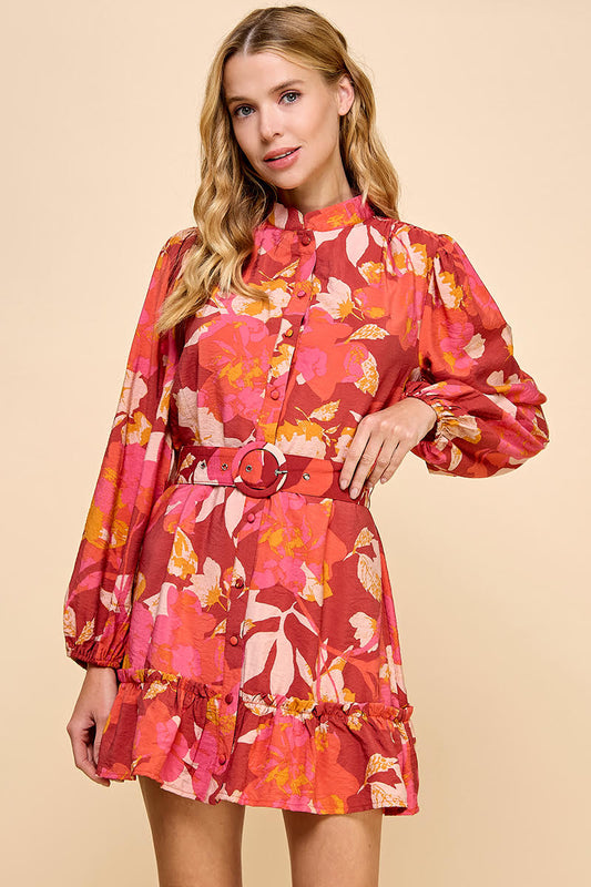 FLORAL PRINTED LS MINI DRESS - BURGUNDY