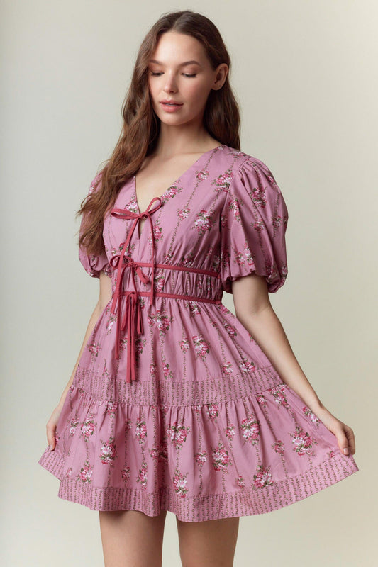 TWEEN FLORAL PRINT POPLIN PUFF SHORT SLEEVE MINI DRESS - MAUVE