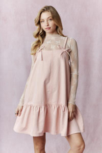 GIRLS BRAID SPAGHETTI  W/BOW DETAIL DENIM, MINI DRESS - WASHED PINK