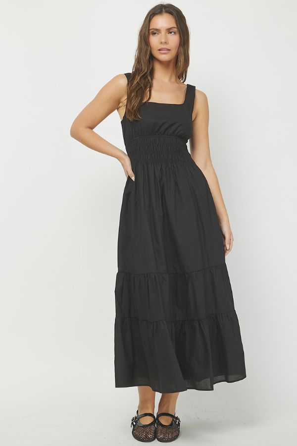 SLEEVELESS MIDI DRESS WITH SMOCKED WAISTBAND - BLACK