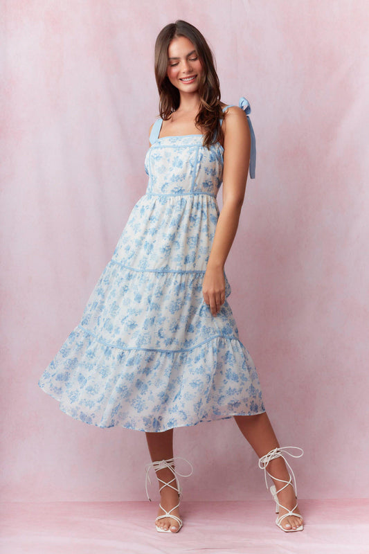 GIRLS CONTRAST SHOULDER TIE FLORAL PRINTED MAXI DRESS - LIGHT BLUE