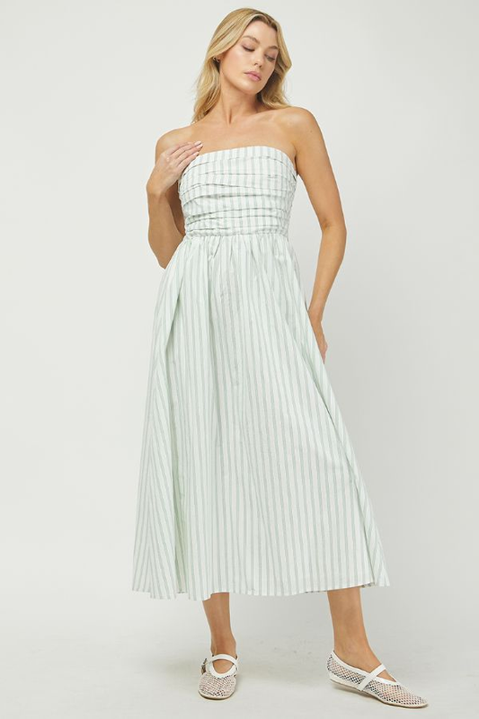 TUBE WIDE STRIPED MAXI DRESS WITH BACK SMOCKING - GREEN/WHITE