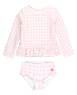 RUFFLE HEM RASH GAURD TWO PIECE - PINK GINGHAM