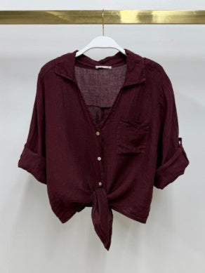 LINEN FRONT TIE BUTTON SHIRT - WINE