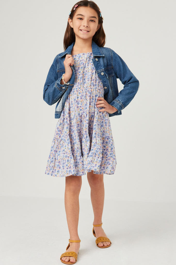 GIRLS FLORAL PRINT SQUARE NECK RUFFLE SHOULDER DRESS - BLUE