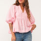 V NECK 3/4 SLEEVE PEPLUM TOP - PINK SORBET